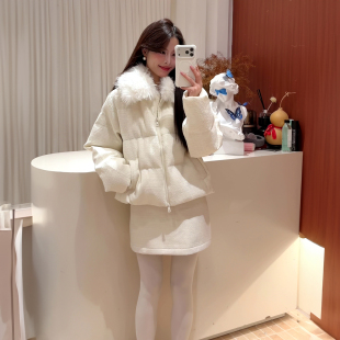 十三行正版I DO DO-小香风羽绒服+A字半身裙套装配可拆真狐狸毛领