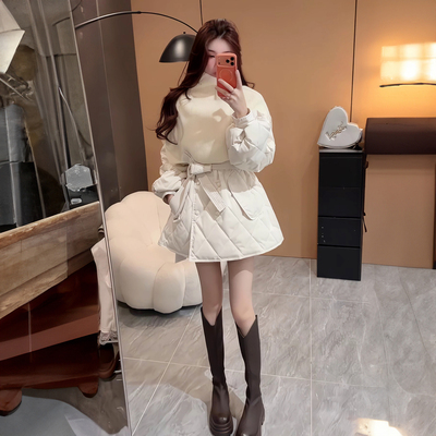 新款针织围脖菱形格白鸭绒外套