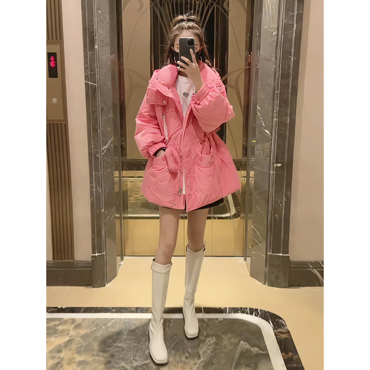 羽绒棉服女2025新款冬粉色收腰