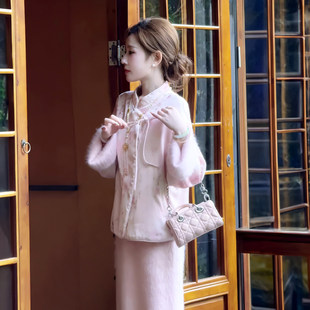 婷婷新中式拉绒套装女冬季千金风名媛正反面可穿外套半身裙两件套