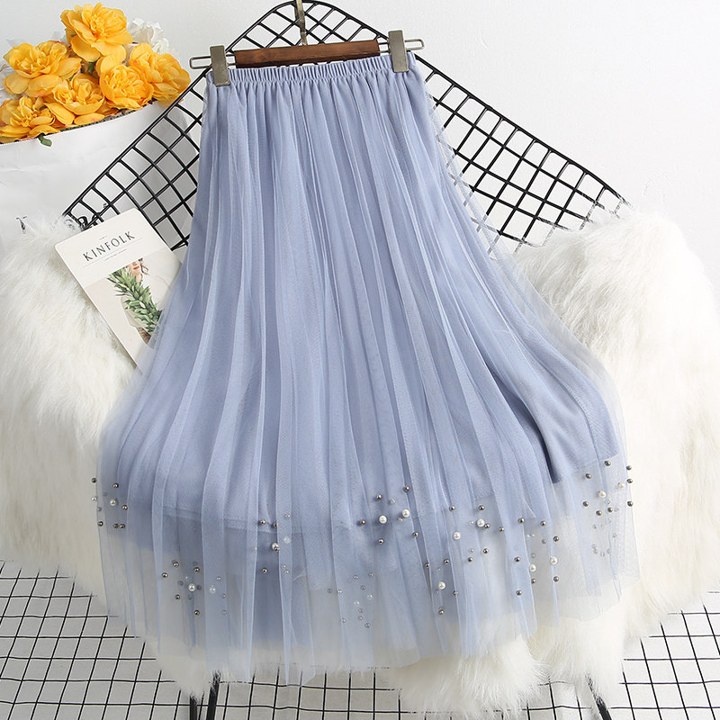 钉珠百褶网纱半身裙女2024春夏新款高腰超仙女中长款a字裙子长裙