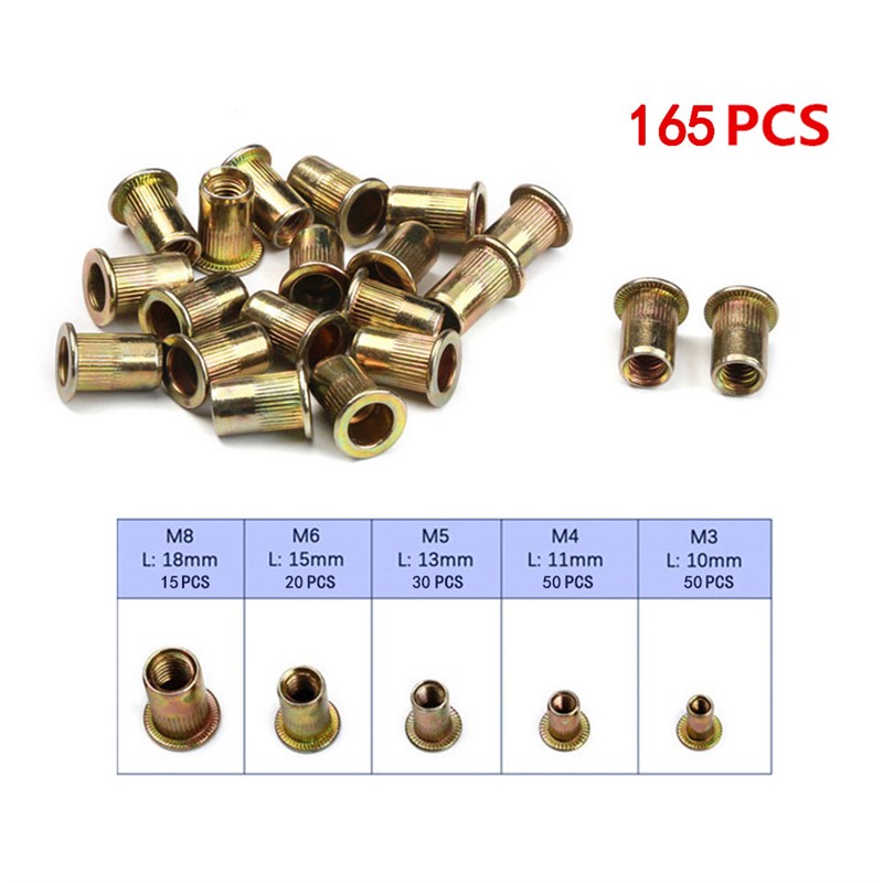 165PCS盒装拉铆螺母镀彩锌铆钉螺母M3M4M5M6M8竖纹螺母