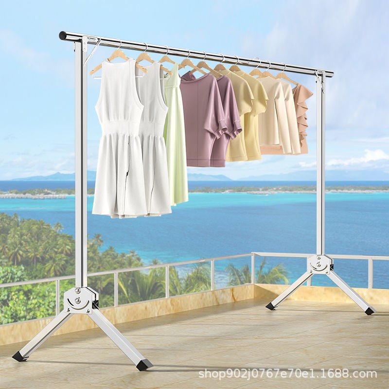 不锈钢折叠单杆晾衣架落地立式家用阳台伸缩晒衣架晾衣服晒被神器