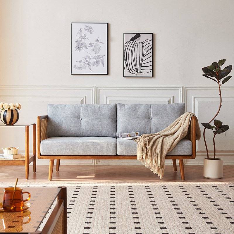 新中式靠背沙发客厅冬夏两用藤编实木三人位沙发阳台民宿佛山家具