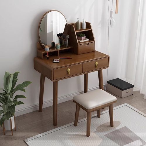 北欧实木梳妆台卧室小户型多功能圆镜带夜灯化妆桌收纳储物柜一体
