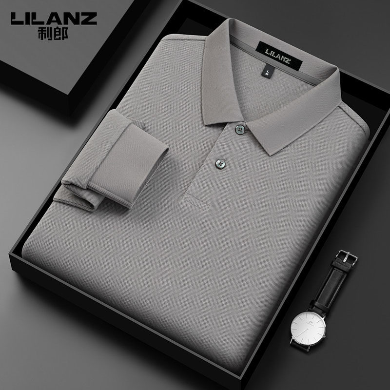 利郎高端长袖t恤男士中青年秋季商务休闲纯棉透气翻领纯色polo衫