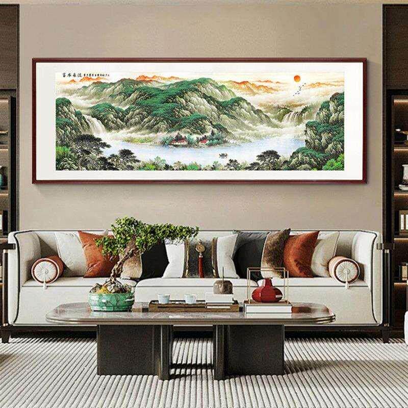 手绘旭日东升国画山水画真迹客厅东墙聚财挂画聚宝盆办公室靠山图