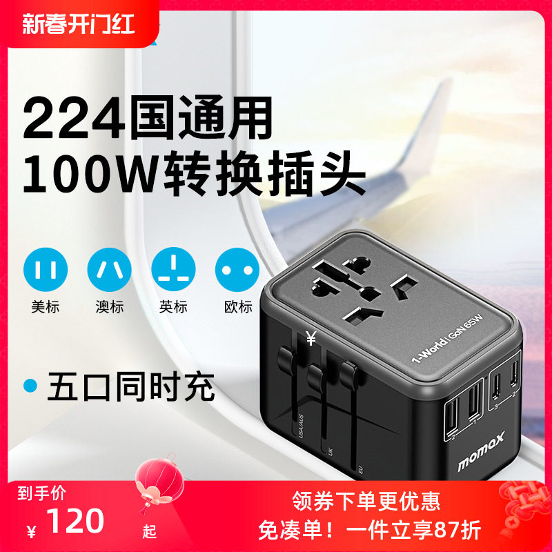 MOMAX摩米士65W氮化镓Gan转换插头旅行出国出差全球通用手机100w充电器万能转换器插座