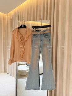 26年-早春上新网红辣妹遮胯显瘦亮片腮红微喇裤牛仔裤(配腰带)