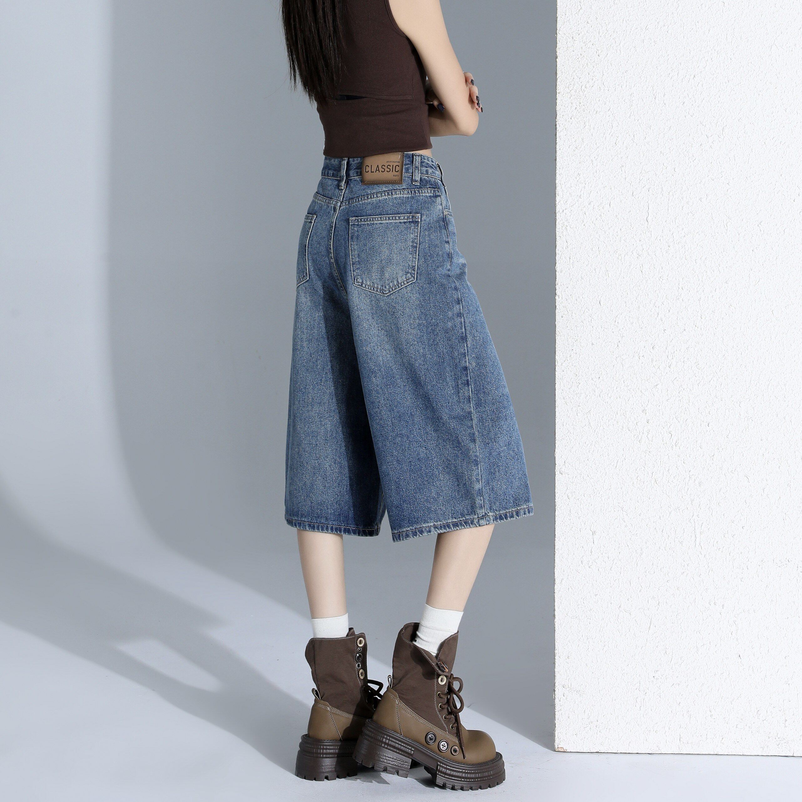 美式复古高腰阔腿牛仔七分裤女夏季新款2026宽松显瘦水洗直筒裤子