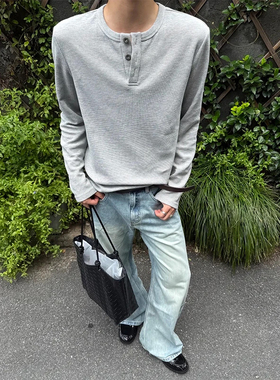 Design Create华夫格亨利领长袖麦穗扣亲肤时尚打底衫圆领宽松男