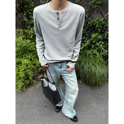 Design Create华夫格亨利领长袖麦穗扣亲肤时尚打底衫圆领宽松男