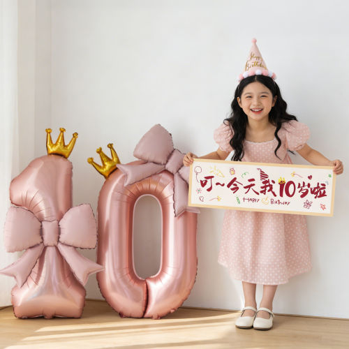 10岁生日拍照粉色数字气球布置装饰女孩宝宝派对氛围手持横幅道具