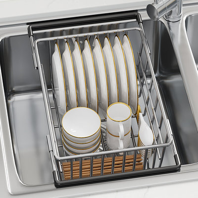 不锈钢沥水篮水槽可伸缩碗碟沥水洗菜盆滤水收纳架置物架厨房用品