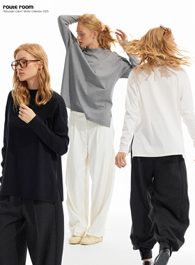 route room 三色丝光纯棉蝙蝠袖侧开衩小高领宽松上衣T恤