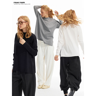 route room 三色丝光纯棉蝙蝠袖侧开衩小高领宽松上衣T恤