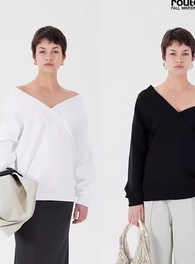 route room 白色|黑色 V领露肩空气层棉质卫衣