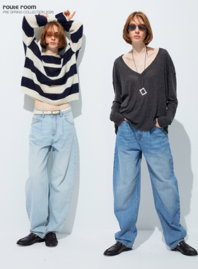 route room 复古纯净水洗蓝立体廓形直筒牛仔裤