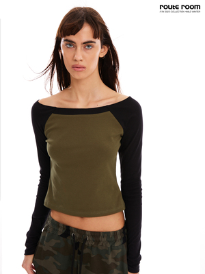 一字领拼色插肩袖弹力修身长袖