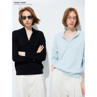 route room *可机洗青果领交叉领棉羊绒混纺针织上衣