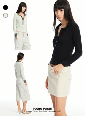 route room 黑色｜淡绿拼灰 修身弹力天丝羊毛针织Polo上衣