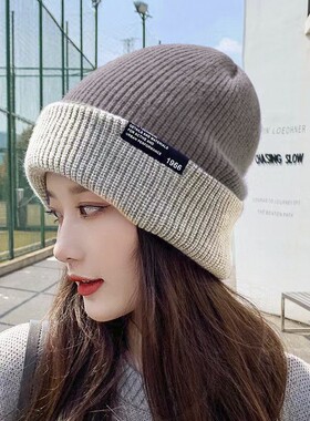 日本新款muI帽子女冬季加厚保暖针织帽护耳双面带堆堆帽毛线帽男