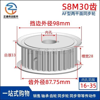 同步轮S8M30齿 AF两面平 铝合金氧化 30S8M250-A 高扭矩同步带轮