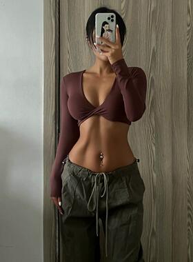 运动上衣欧美深V长袖瑜伽服性感健身训练露脐T恤辣妹带胸垫110