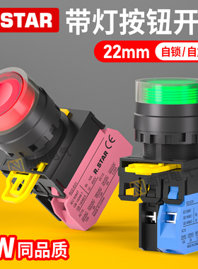 带灯按钮开关指示灯24VYW1L220v自锁自复位电气启动按压平头按键
