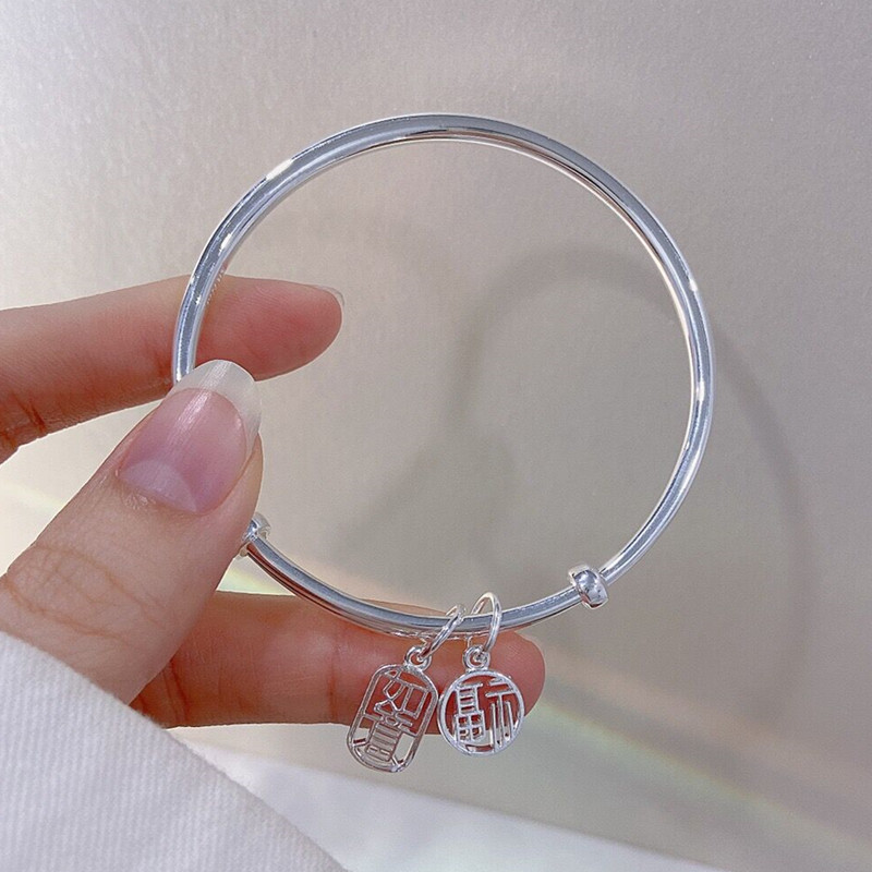 福凤茗足银9999纯银手镯光面开口平安喜乐女百搭小红书首饰网红款