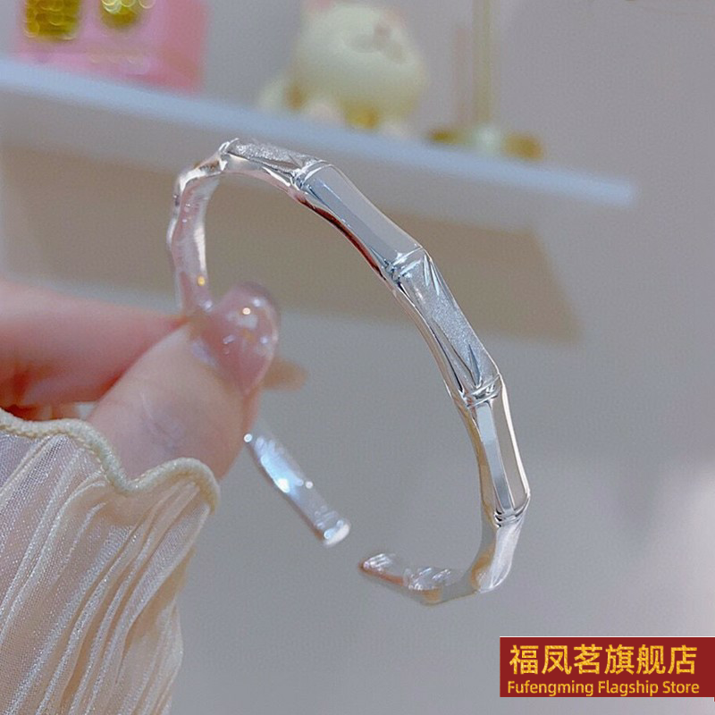 正生新款足银9999竹节叶子开口纯银手镯女小众实心新款礼物银饰品