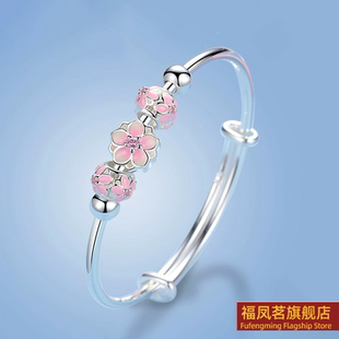 三生三世桃花纯银9999手镯可爱实心中童女学生宝宝手环生日送礼物
