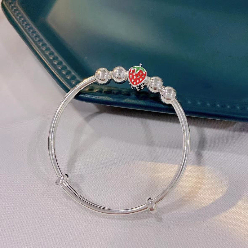 9999宝宝银珠手镯草莓纯银实心足银贺卡女宝新生婴儿小孩学生中童