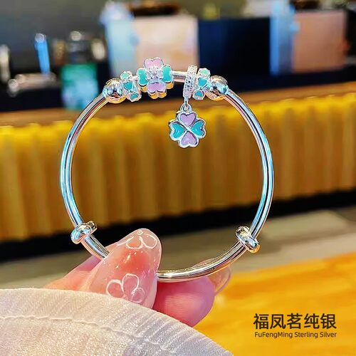 纯银手镯女四叶草中童儿童礼物