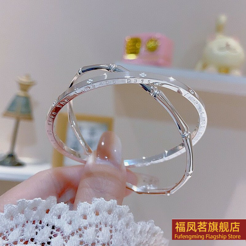 正生四叶草竹节纯银手镯足银9999女小众实心新款刻字双环闭口手环