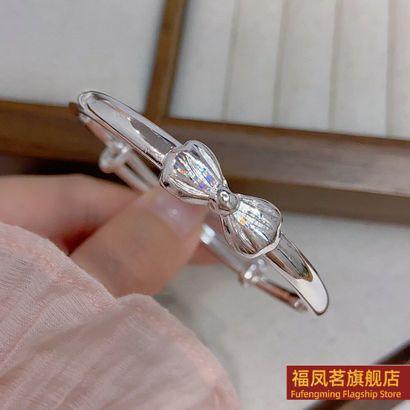 正生新款足银9999蝴蝶结纯银手镯女宝宝婴儿中大童学生小孩儿童款