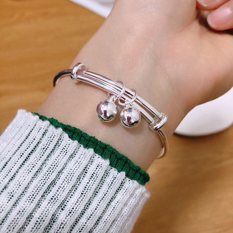 福凤茗999纯银光面双铃铛手镯足银女ins设计手饰年轻款送女友闺蜜