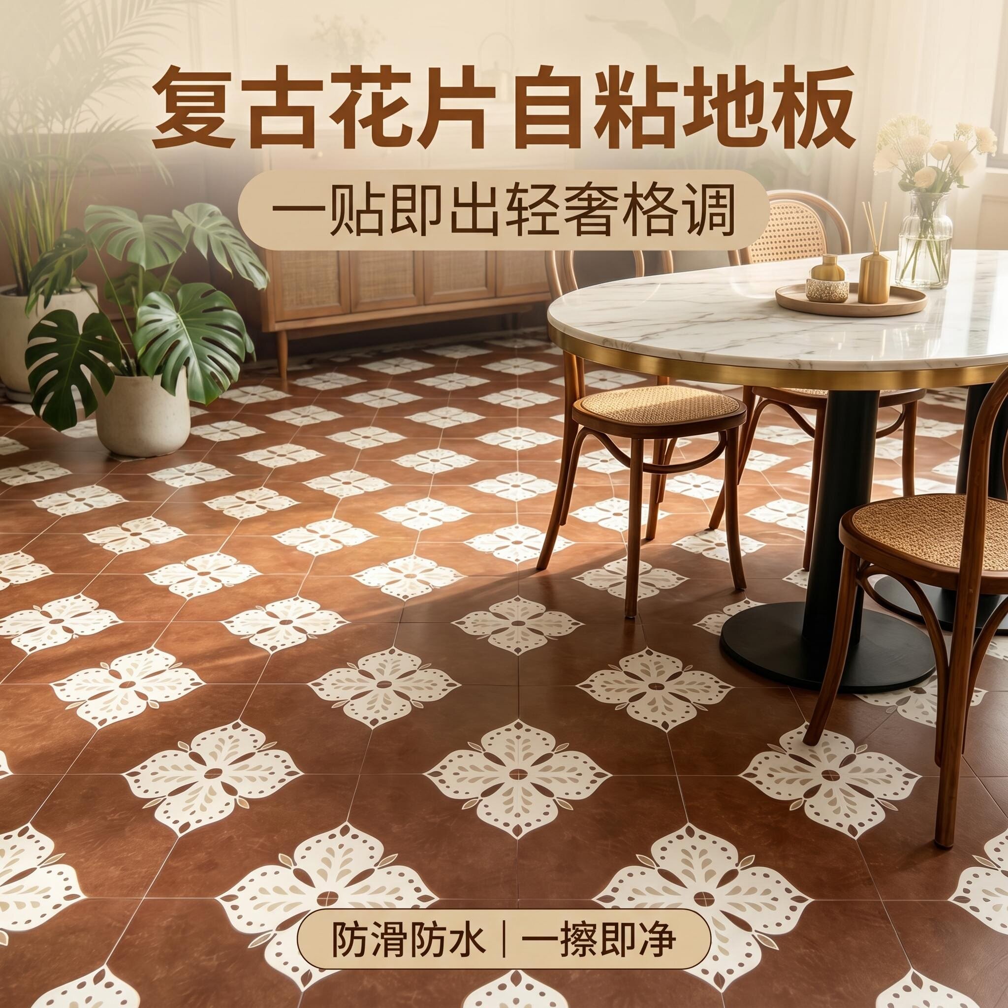 焦糖棕复古花片自粘PVC地板贴厨房客厅玄关防滑防水装饰地贴加厚