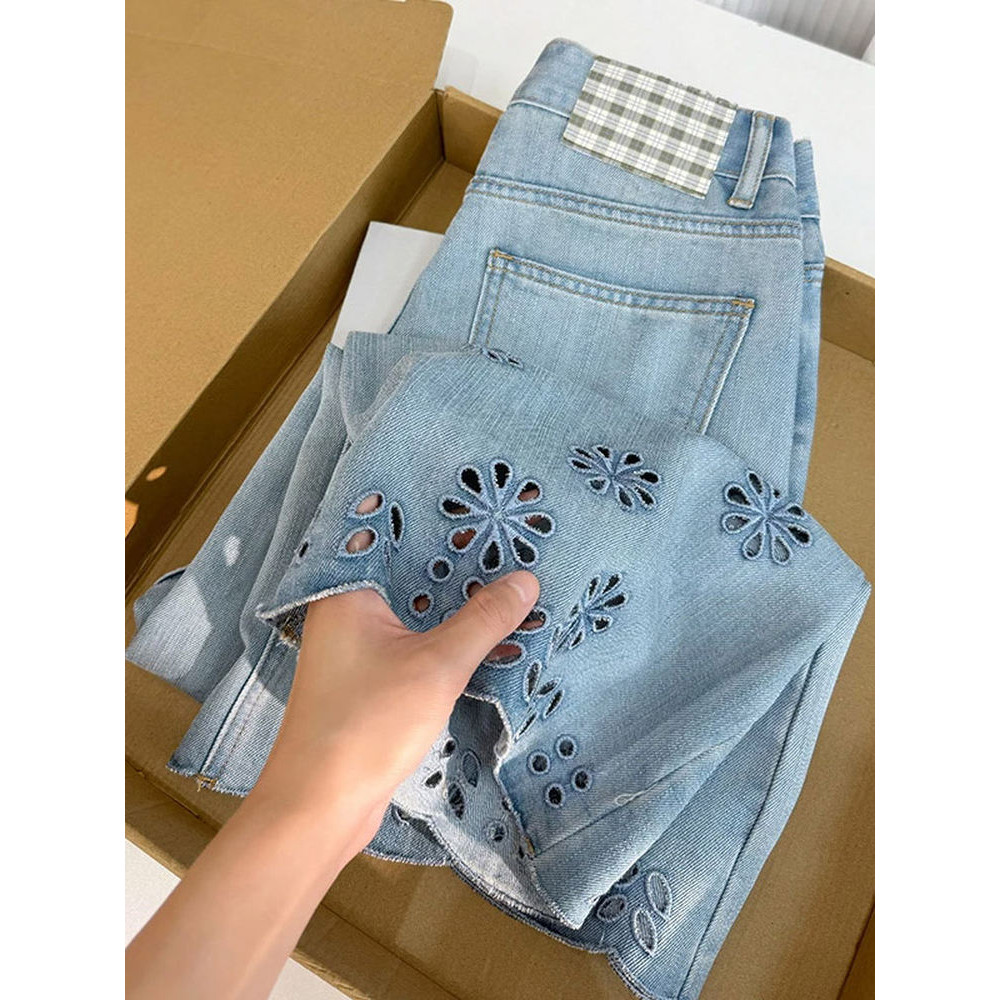 镂空钩花阔腿牛仔裤女早秋大码胖mm设计感宽松显瘦直筒九分裤子