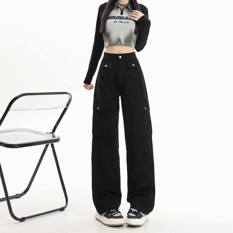 2025秋季美式街头工装裤女高腰宽松多口袋设计感牛仔长裤拖地裤子