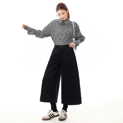 欧货灯芯绒八分裤小个子阔腿裤女2025秋季新款高腰宽松休闲直筒裤