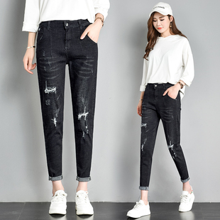 牛仔裤 老爹裤 女新款 小脚萝卜裤 高腰宽松显瘦黑色破洞哈伦裤 实拍