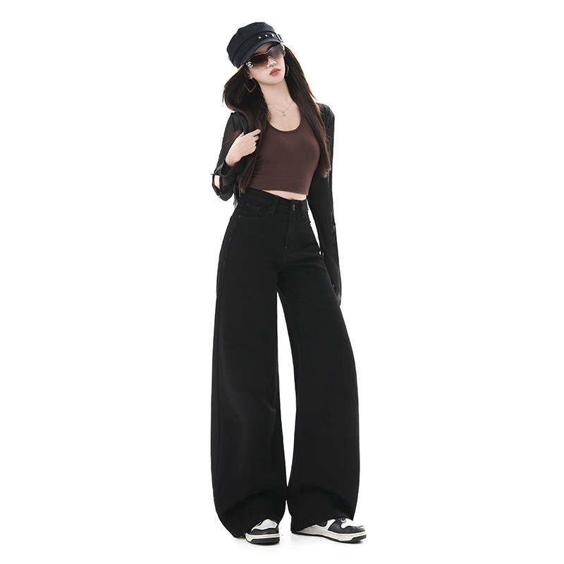 黑色加绒加厚直筒牛仔裤女冬季新款胖妹妹mm高腰遮胯显瘦阔腿长裤