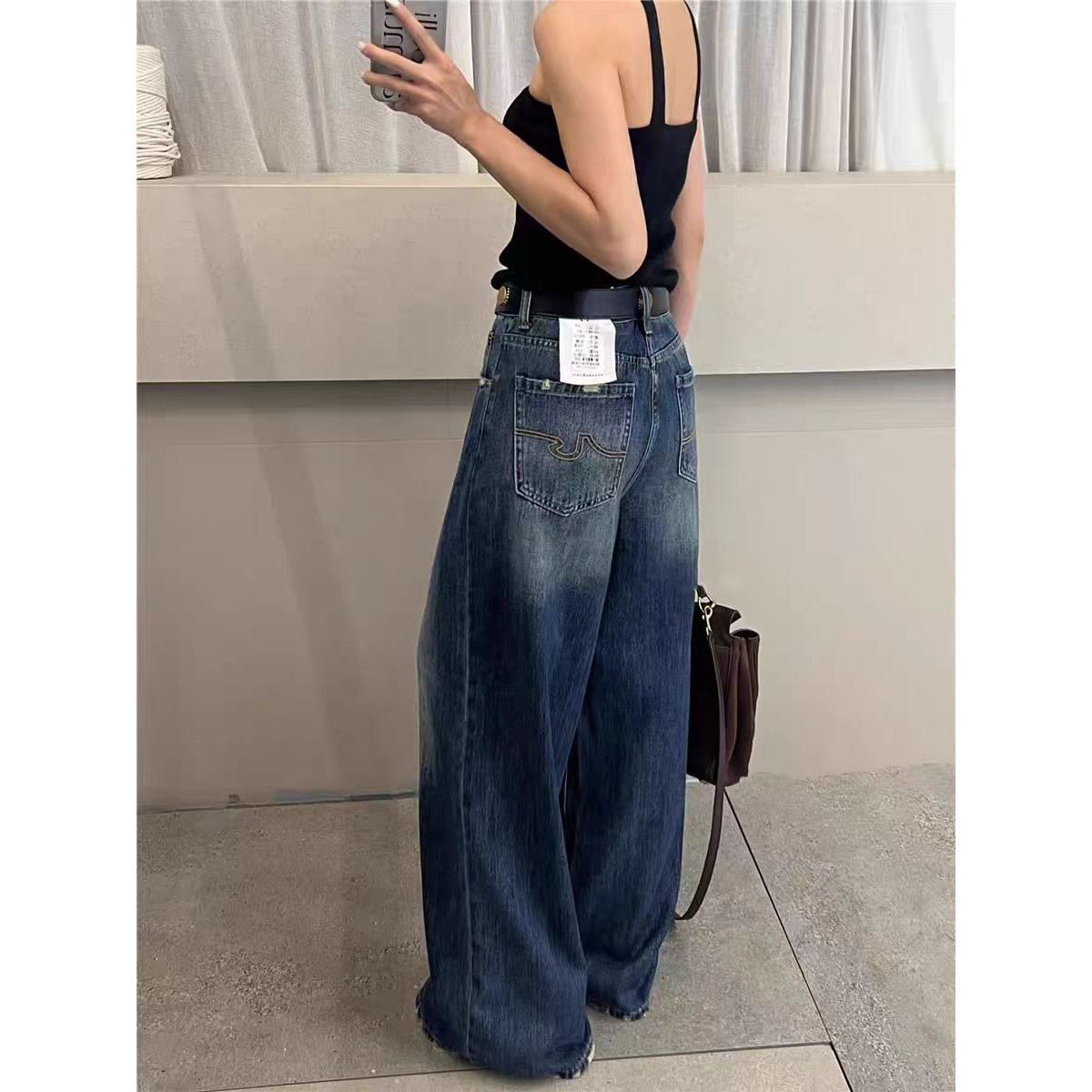 复古蓝阔腿牛仔裤女秋冬高腰宽松直筒垂感小个子百搭休闲拖地长裤