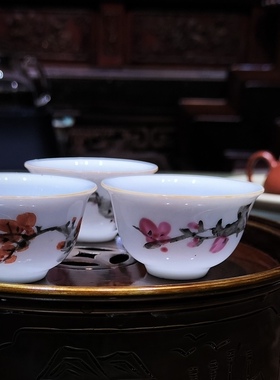老潮州库存功夫茶器品茗杯30cc七十年代纯手工绘画红梅小茶杯茶具