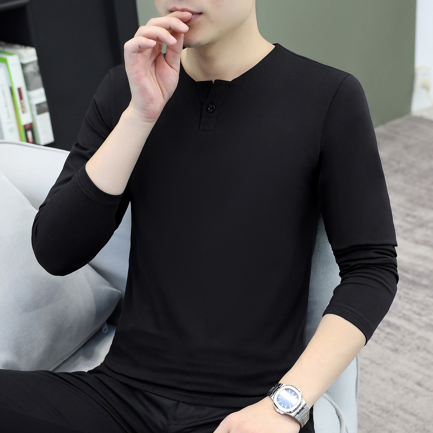 秋冬新款男士圆领打底衫透气薄款亲肤内衣服百搭休闲纯棉长袖t恤