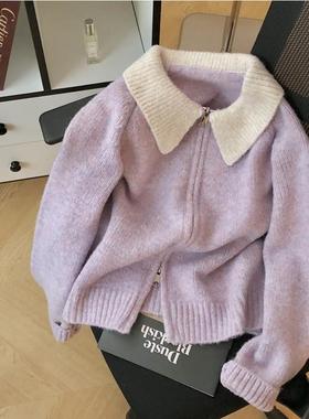 POLO领紫色小香风拉链毛衣外套女宽松春秋新款日系针织衫开衫上衣