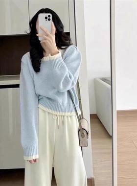 软奶蓝色毛衣女秋冬季温柔风甜美方领拼色高级感宽松套头针织上衣
