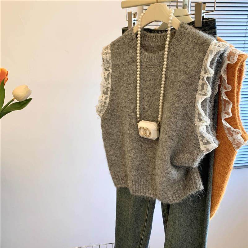 复古蕾丝拼接袖针织马甲背心女春秋圆领宽松慵懒风洋气毛衣上衣