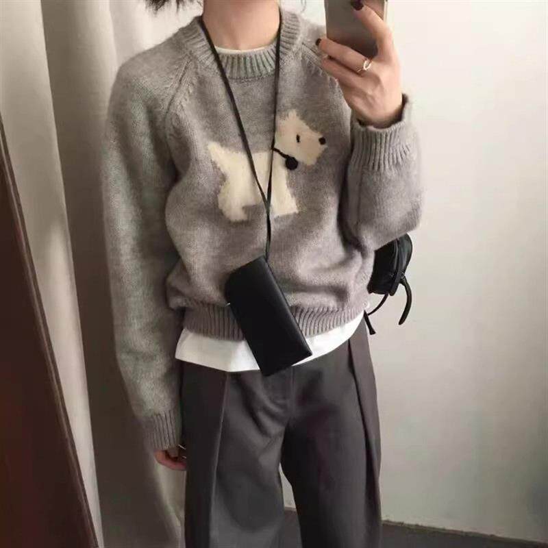 慵懒风提花套头卡通小狗毛衣女秋冬韩国东大门内搭针织衫灰色上衣